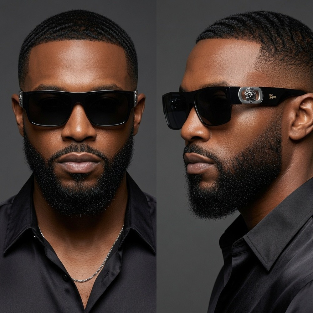 Mens Black Rectangular Sunglasses Silver Lion Head Medallion Flat Top Shades NEW